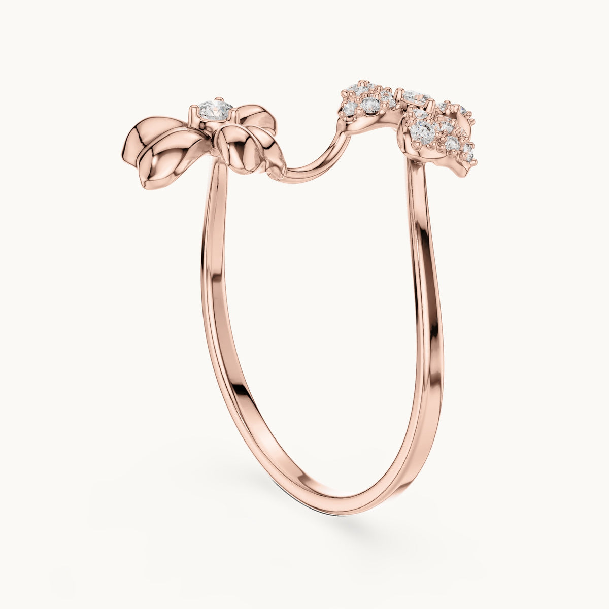 Round lab-grown diamond butterfly and bow bypass ring in rose gold, 0.151 CT TW, view 1