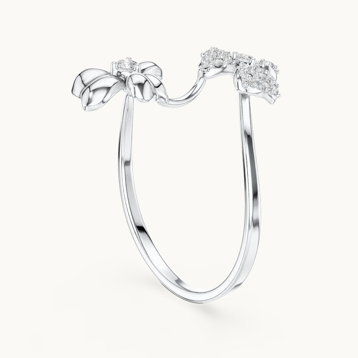 Round lab-grown diamond butterfly and bow bypass ring in white gold, 0.151 CT TW, view 1