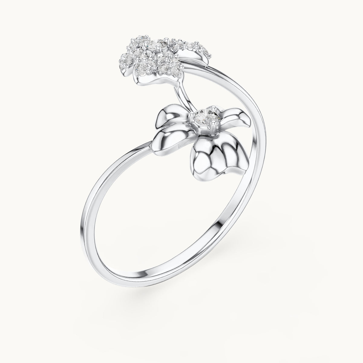 Round lab-grown diamond butterfly and bow bypass ring in white gold, 0.151 CT TW, view 2