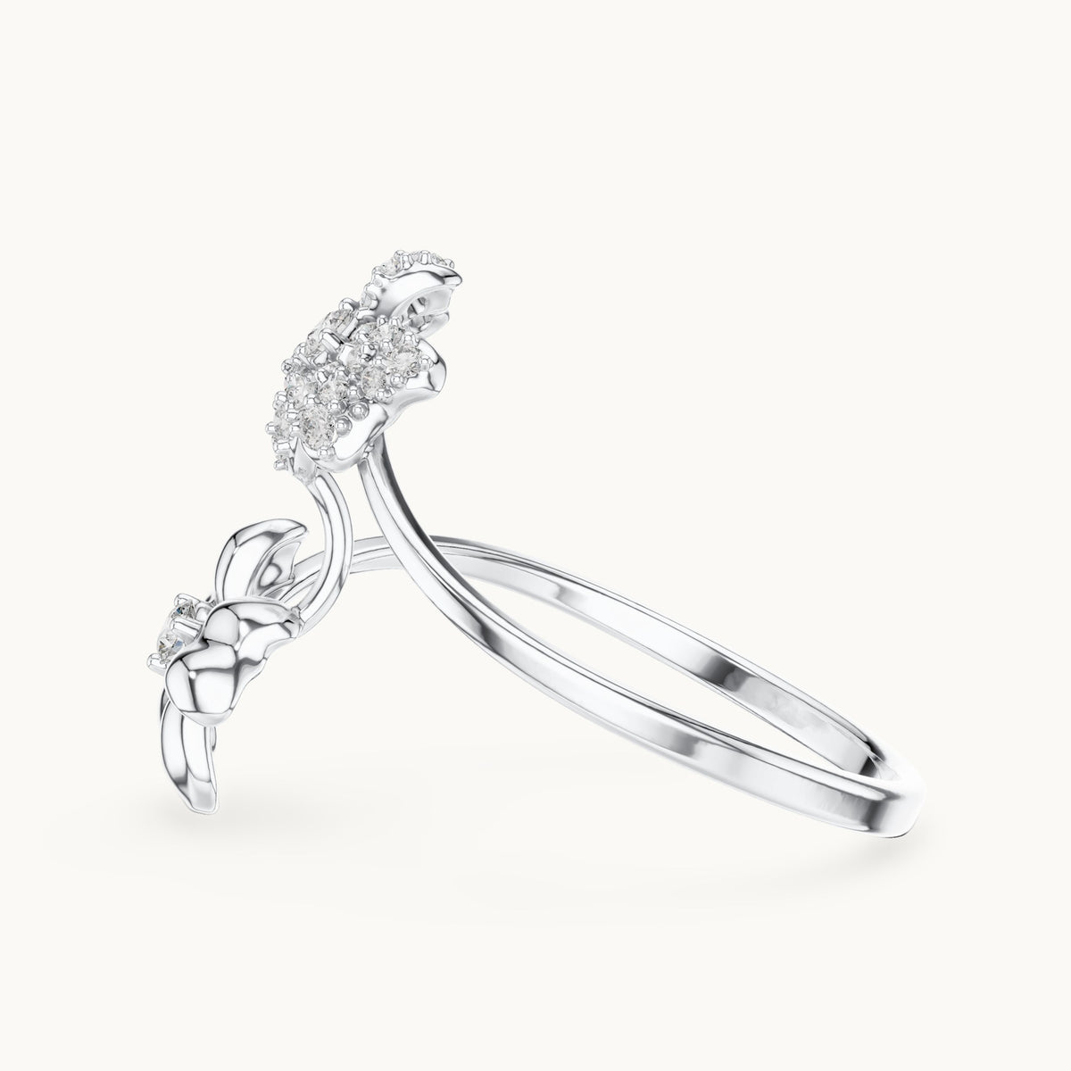 Round lab-grown diamond butterfly and bow bypass ring in white gold, 0.151 CT TW, view 3