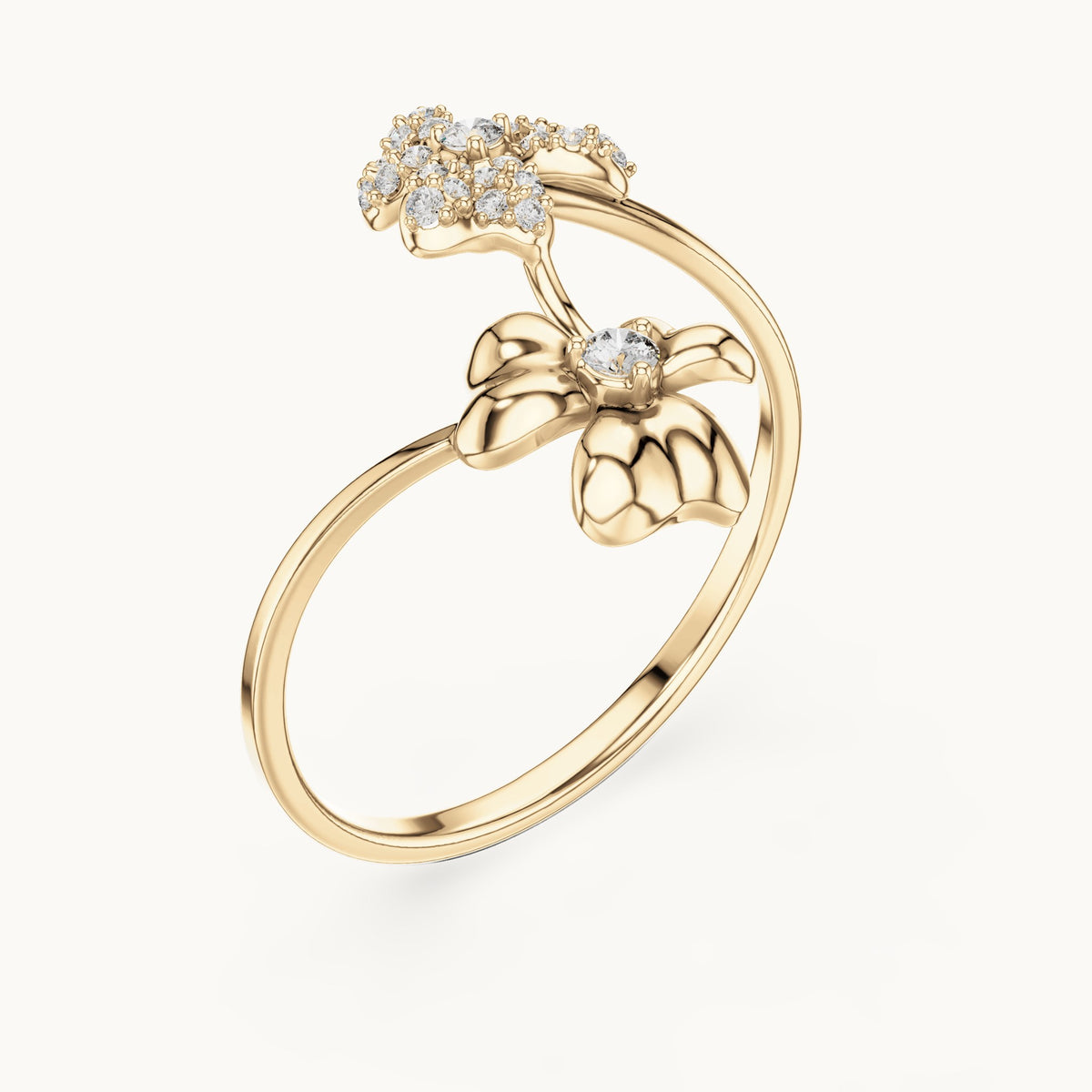 Round lab-grown diamond butterfly and bow bypass ring in yellow gold, 0.151 CT TW, view 2