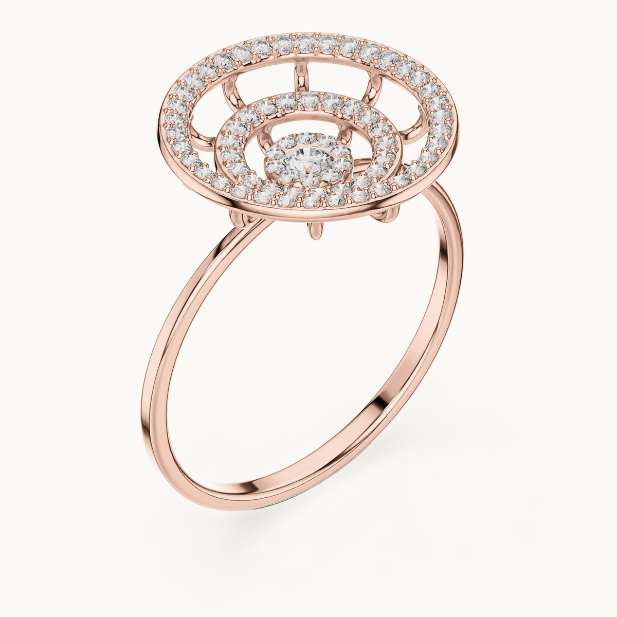 Round lab-grown diamond target halo medallion ring in rose gold, 0.301 CT TW, view 2