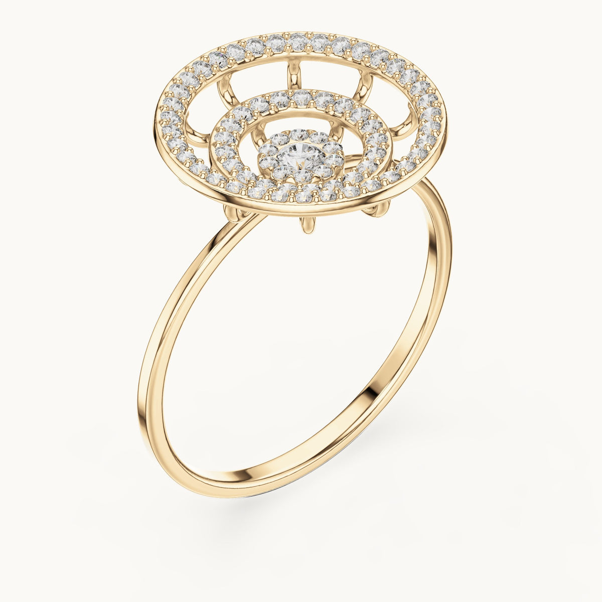 Round lab-grown diamond target halo medallion ring in yellow gold, 0.301 CT TW, view 2