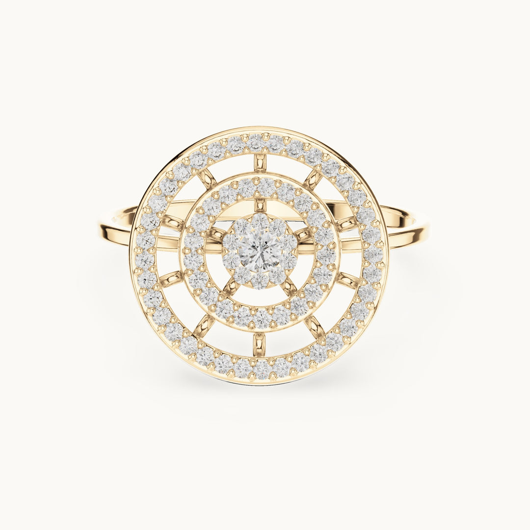 Round lab-grown diamond target halo medallion ring in yellow gold, 0.301 CT TW, view 4