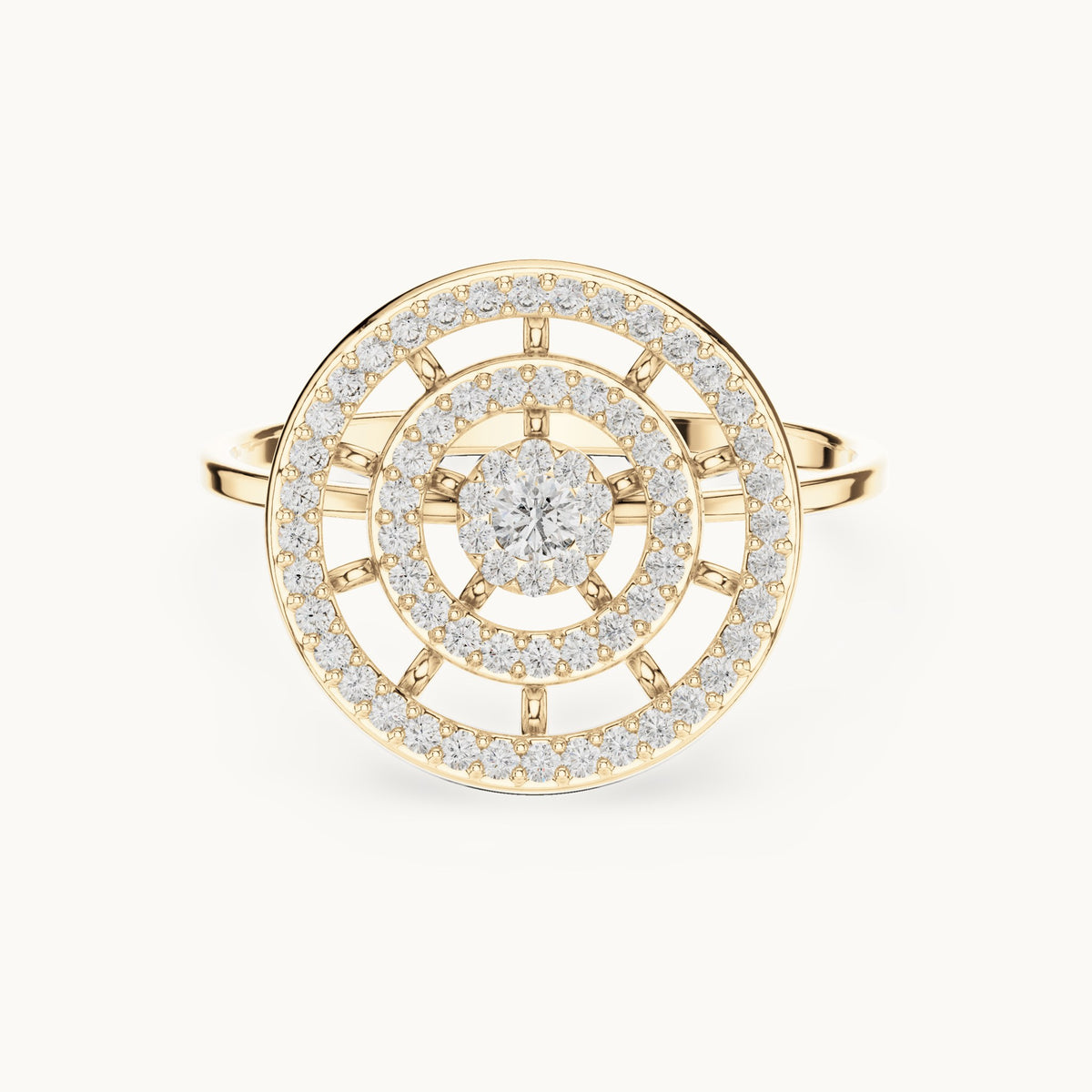 Round lab-grown diamond target halo medallion ring in yellow gold, 0.301 CT TW, view 4
