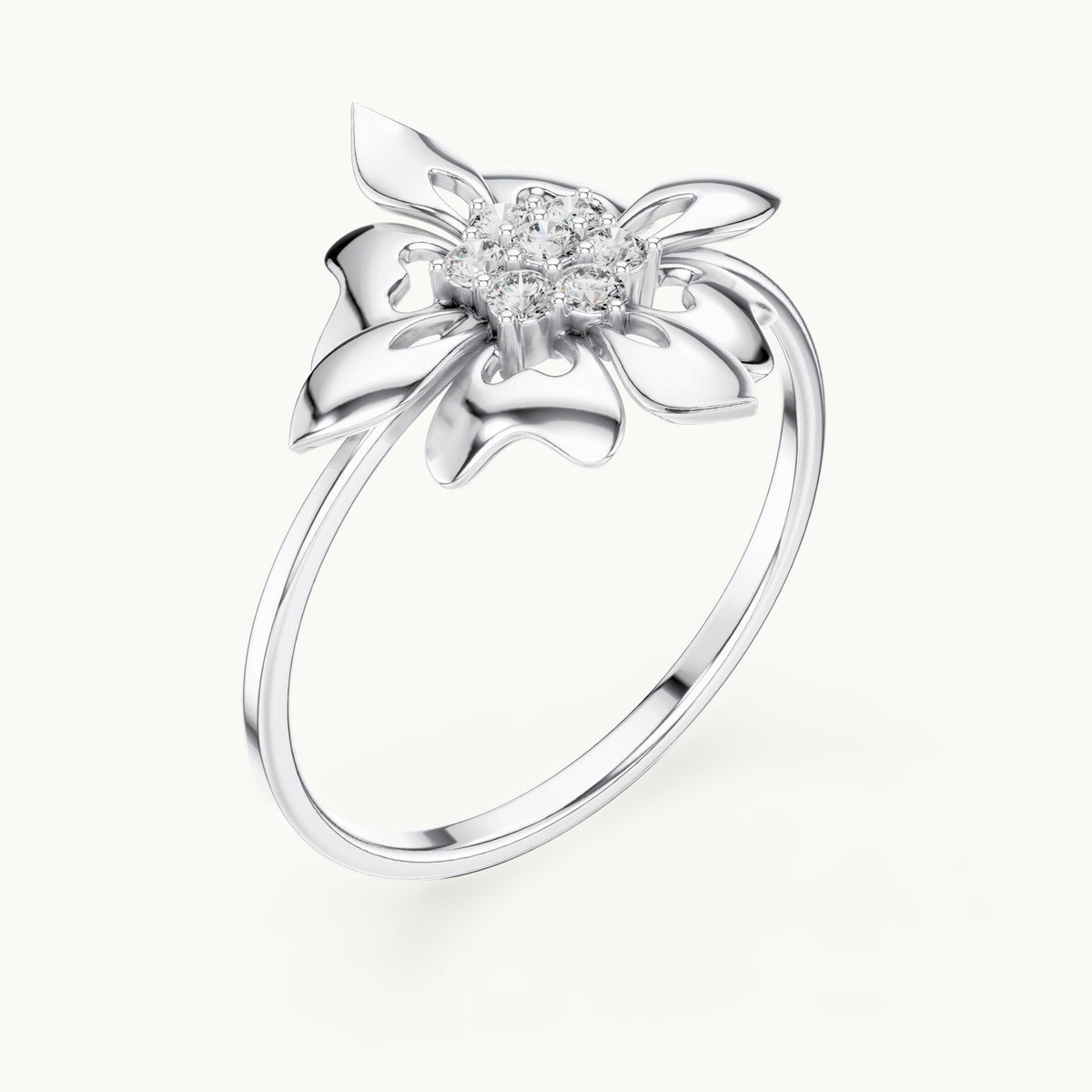 Round lab-grown diamond fleur star ring in white gold, 0.112 CT TW, view 2