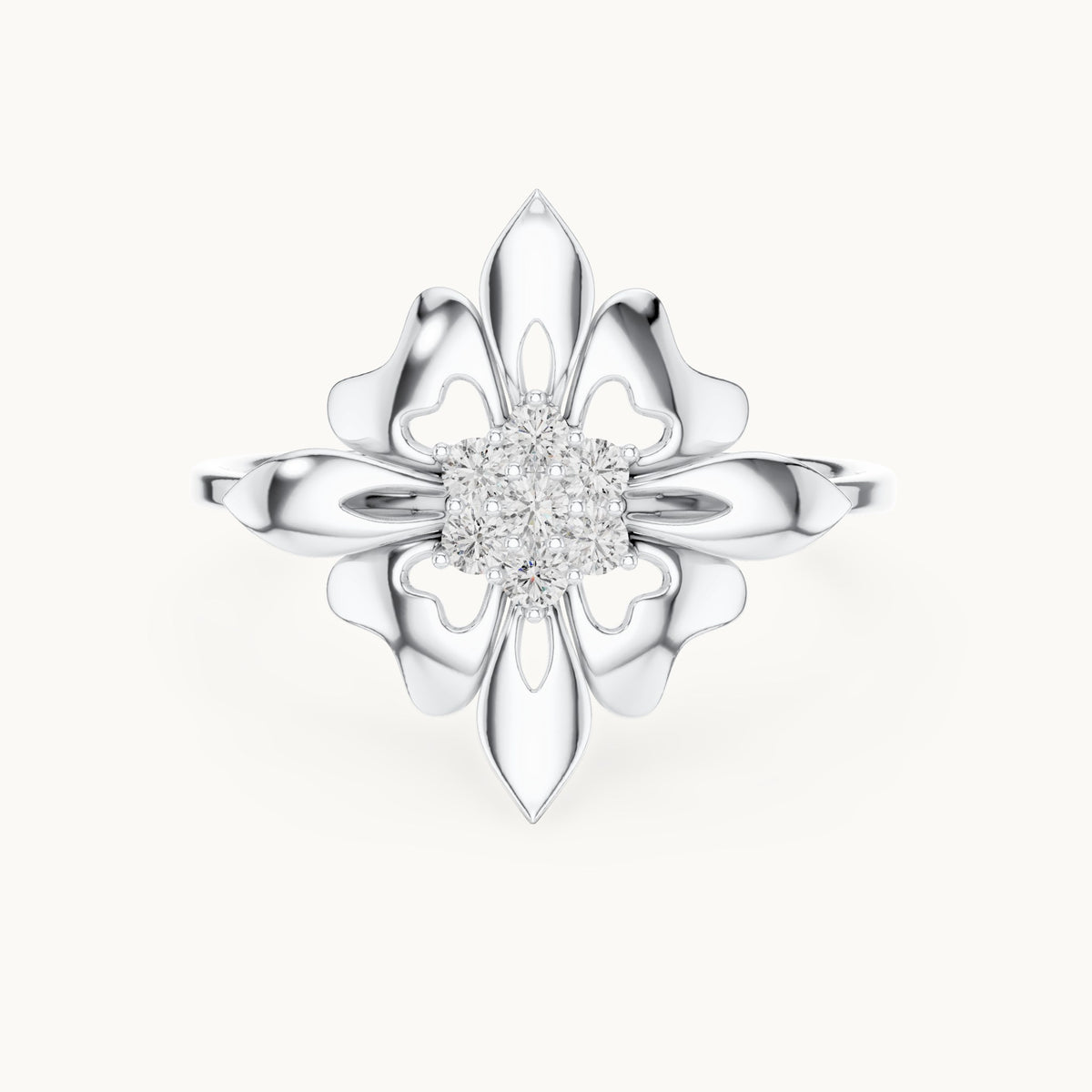 Round lab-grown diamond fleur star ring in white gold, 0.112 CT TW, view 4