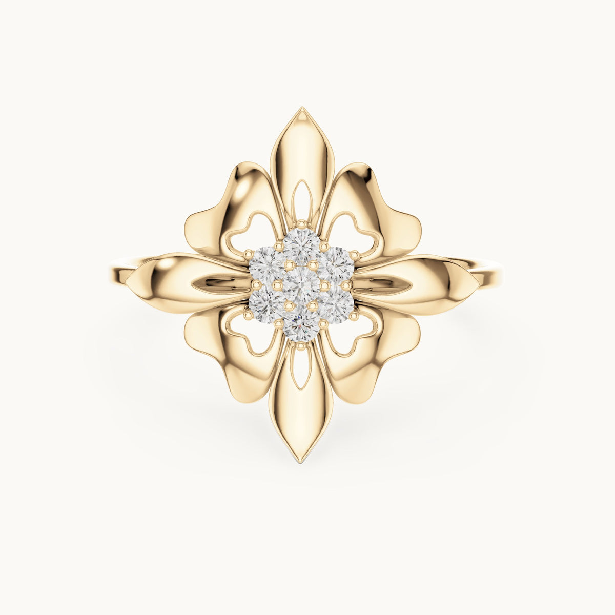 Round lab-grown diamond fleur star ring in yellow gold, 0.112 CT TW, view 4