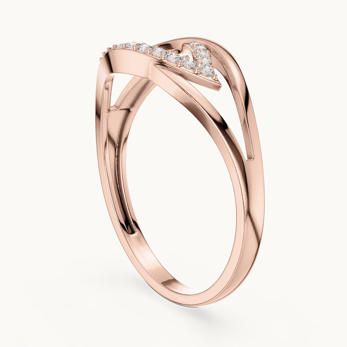 Round lab-grown diamond open leaf split shank ring in rose gold, 0.079 CT TW, view 1