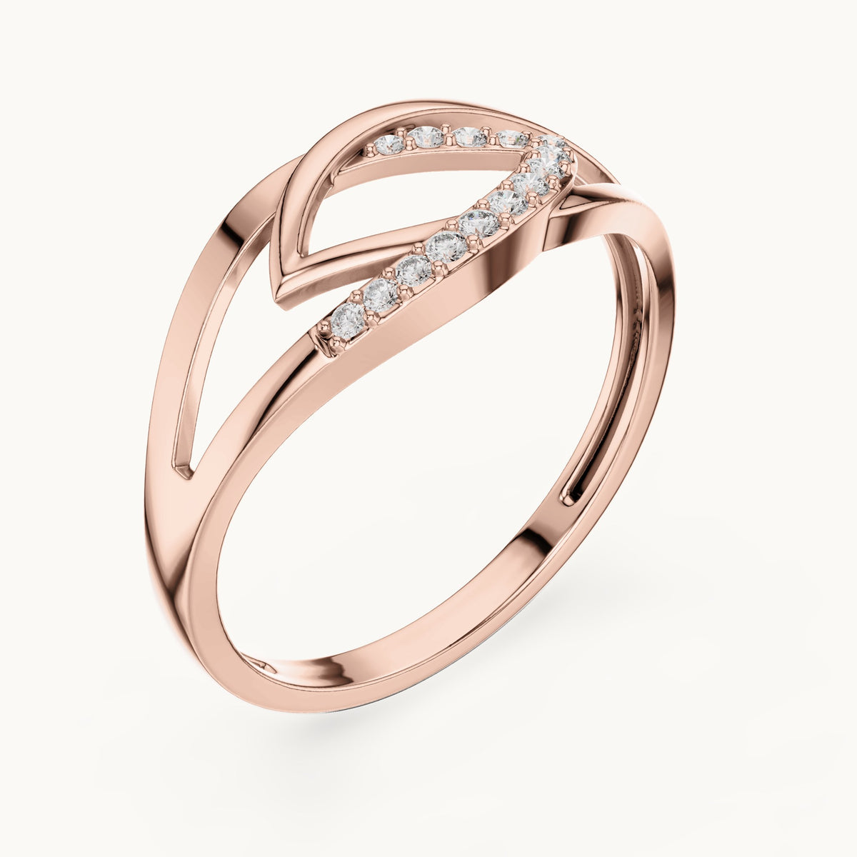 Round lab-grown diamond open leaf split shank ring in rose gold, 0.079 CT TW, view 2