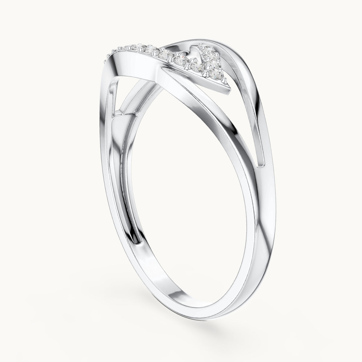Round lab-grown diamond open leaf split shank ring in white gold, 0.079 CT TW, view 1