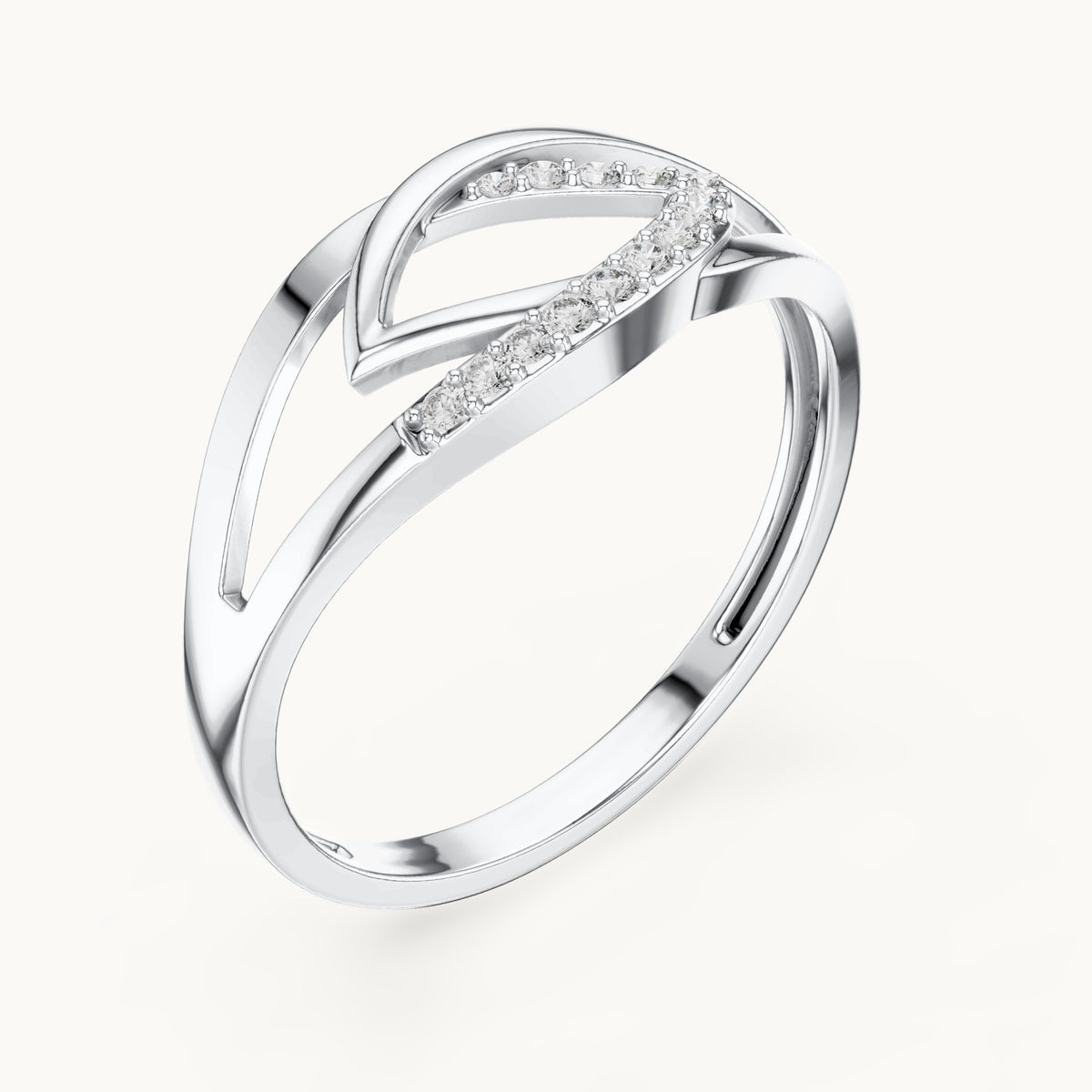 Round lab-grown diamond open leaf split shank ring in white gold, 0.079 CT TW, view 2