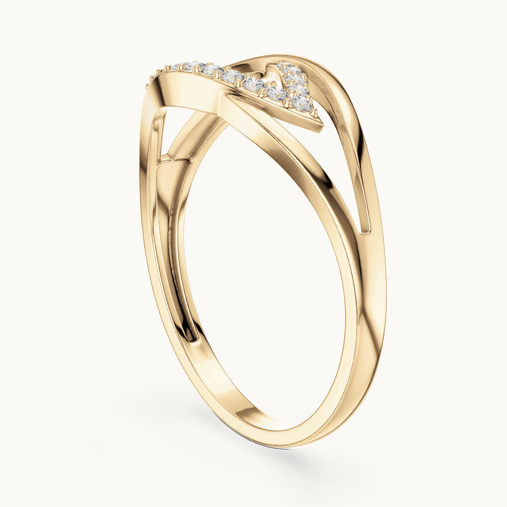 Round lab-grown diamond open leaf split shank ring in yellow gold, 0.079 CT TW, view 1