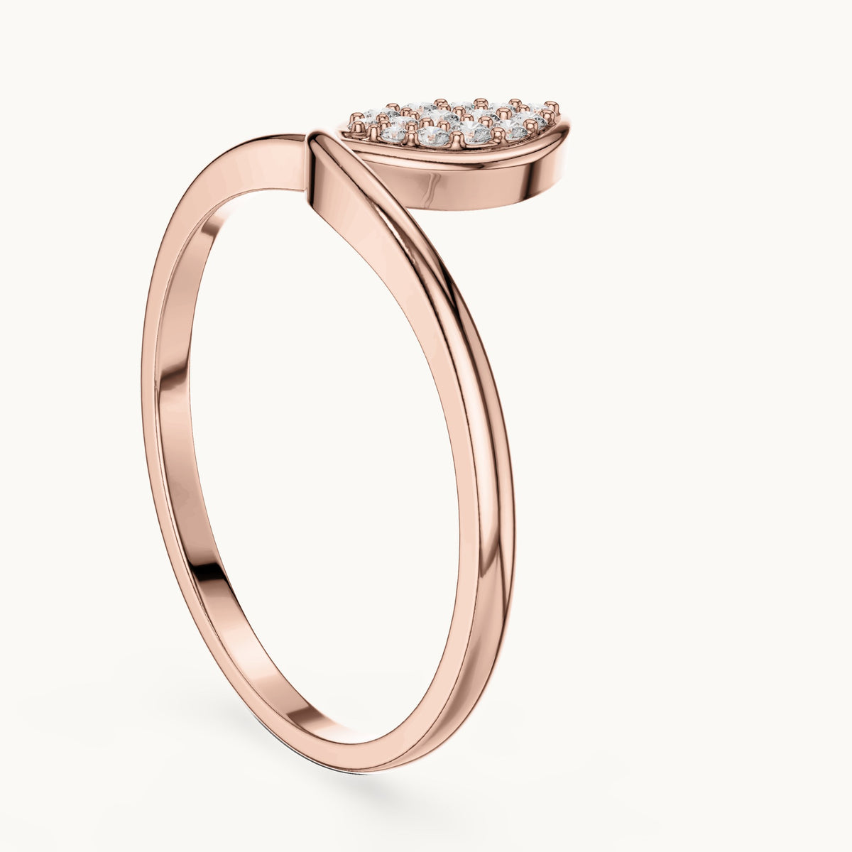 Round lab-grown diamond pavé paisley bypass ring in rose gold, 0.093 CT TW, view 1