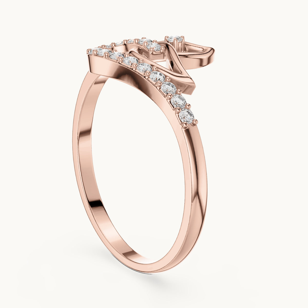 Round lab-grown diamond open heart swirl ring in rose gold, 0.144 CT TW, view 1