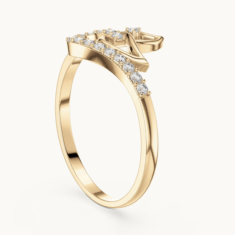 Round lab-grown diamond open heart swirl ring in yellow gold, 0.144 CT TW, view 1