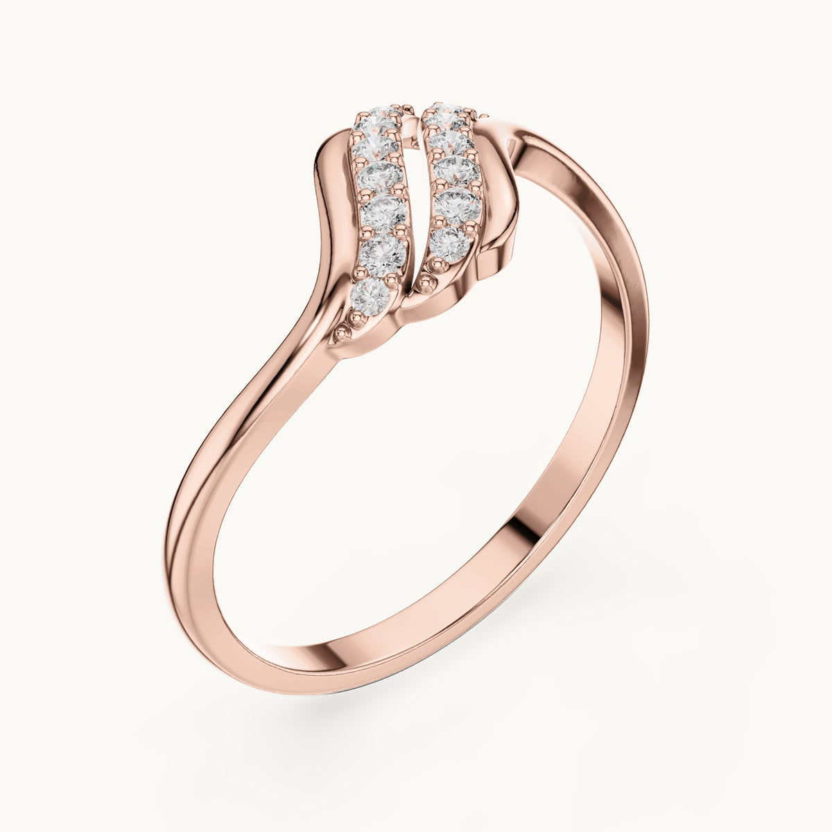 Round lab-grown diamond double row wave bypass ring in rose gold, 0.114 CT TW, view 2