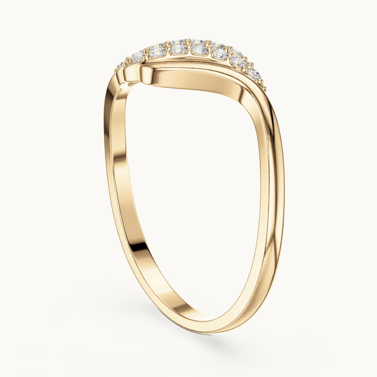 Round lab-grown diamond double row wave bypass ring in yellow gold, 0.114 CT TW, view 1