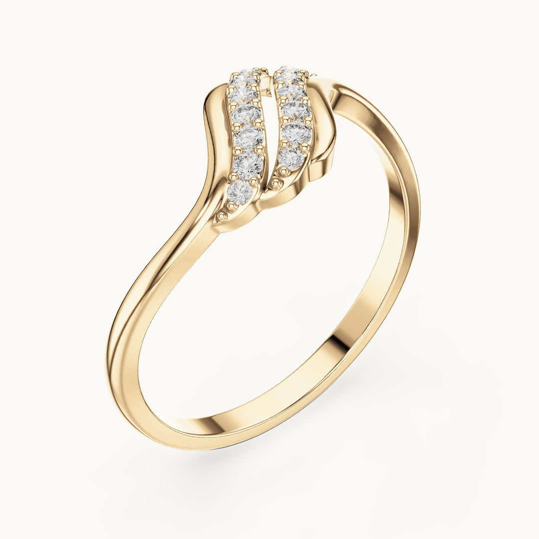 Round lab-grown diamond double row wave bypass ring in yellow gold, 0.114 CT TW, view 2