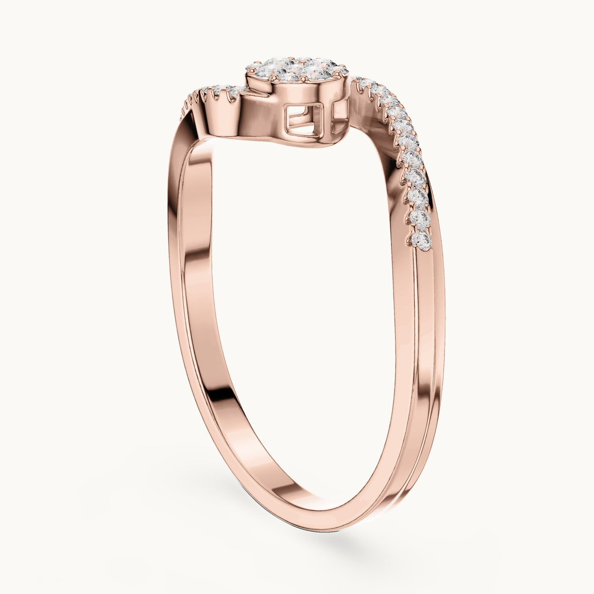 Round lab-grown diamond swirl bypass cluster ring in rose gold, 0.155 CT TW, view 1