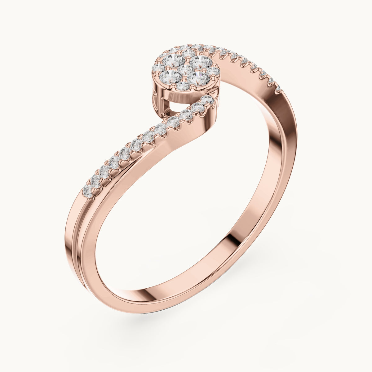 Round lab-grown diamond swirl bypass cluster ring in rose gold, 0.155 CT TW, view 2
