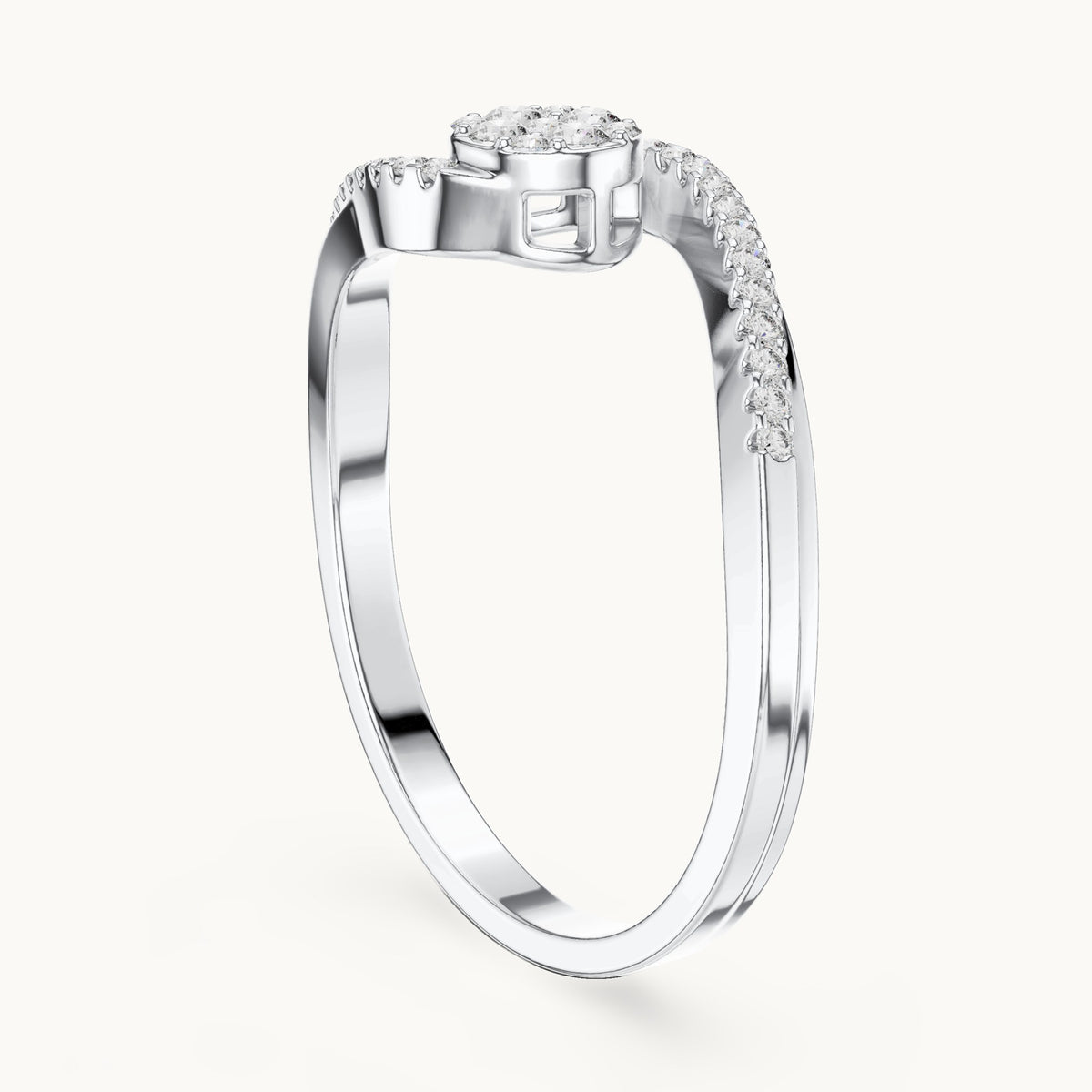 Round lab-grown diamond swirl bypass cluster ring in white gold, 0.155 CT TW, view 1