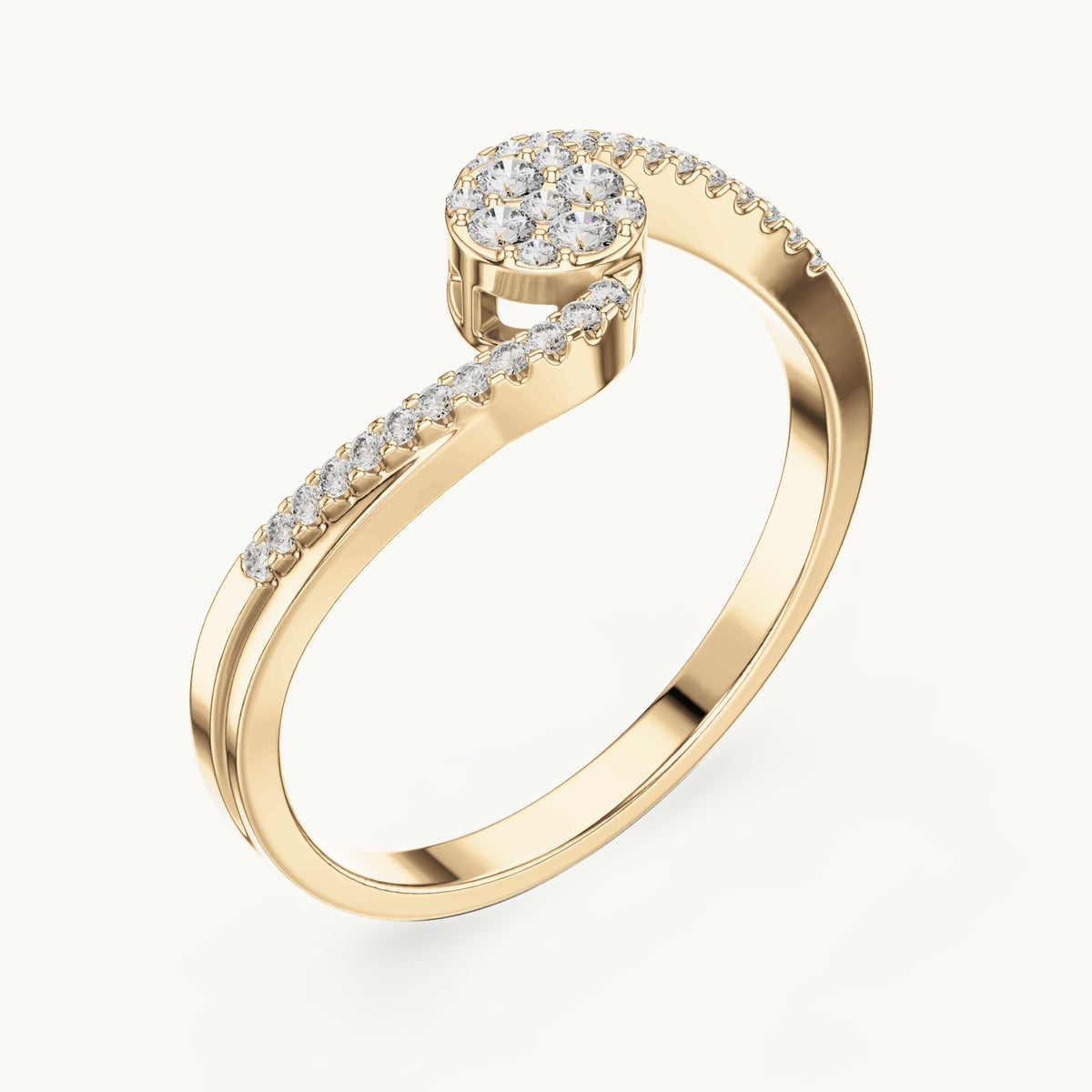 Round lab-grown diamond swirl bypass cluster ring in yellow gold, 0.155 CT TW, view 2