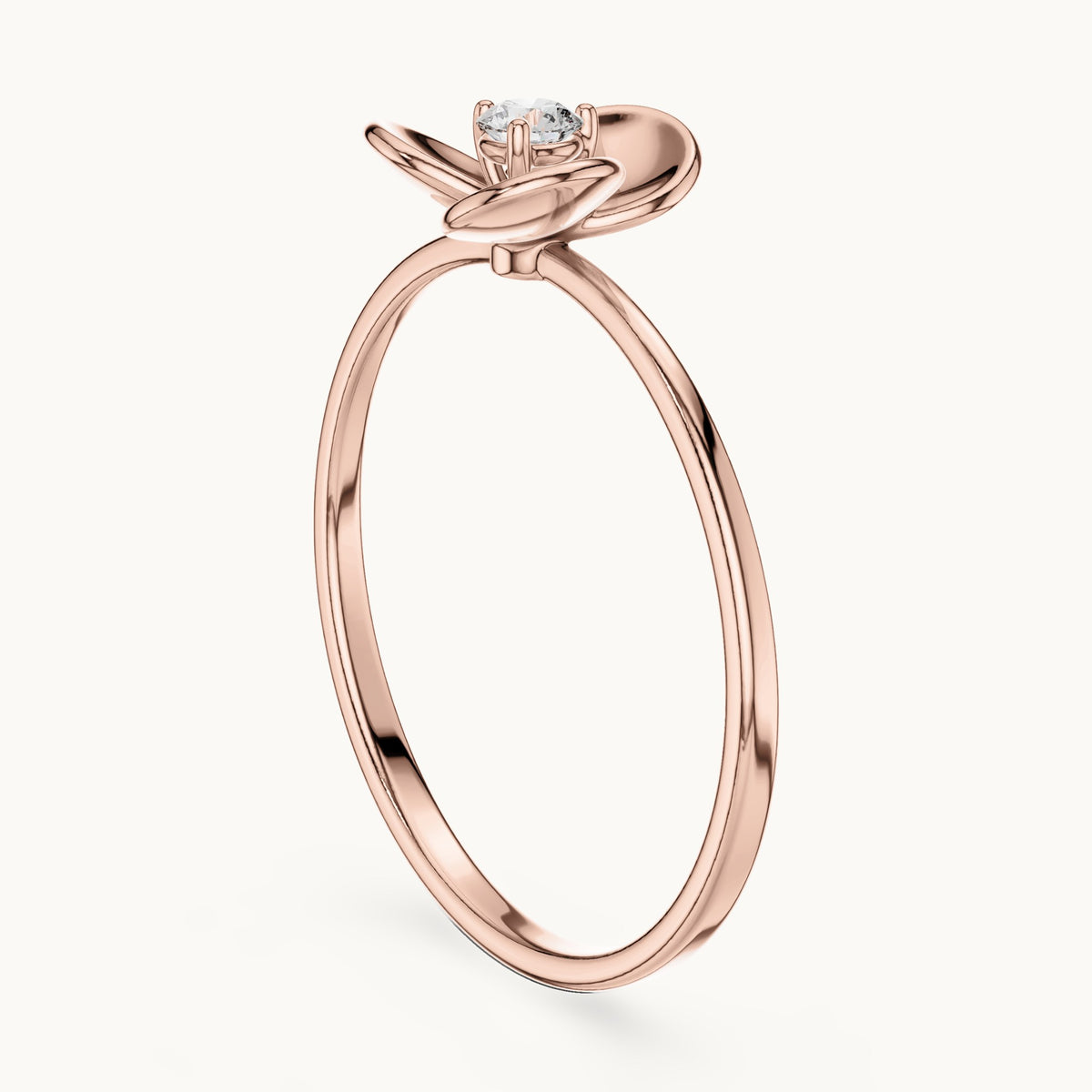 Round lab-grown diamond petal bezel solitaire ring in rose gold, 0.065 CT TW, view 1