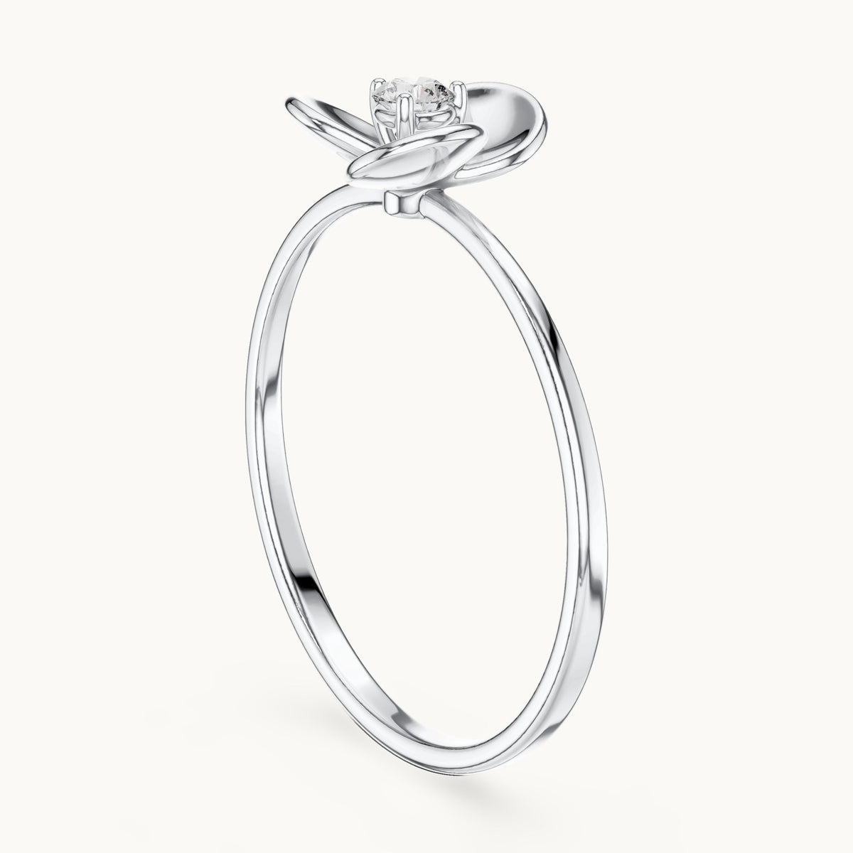 Round lab-grown diamond petal bezel solitaire ring in white gold, 0.065 CT TW, view 1