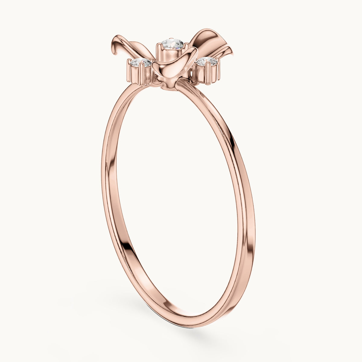Round lab-grown diamond three-petal flower ring in rose gold, 0.067 CT TW, view 1
