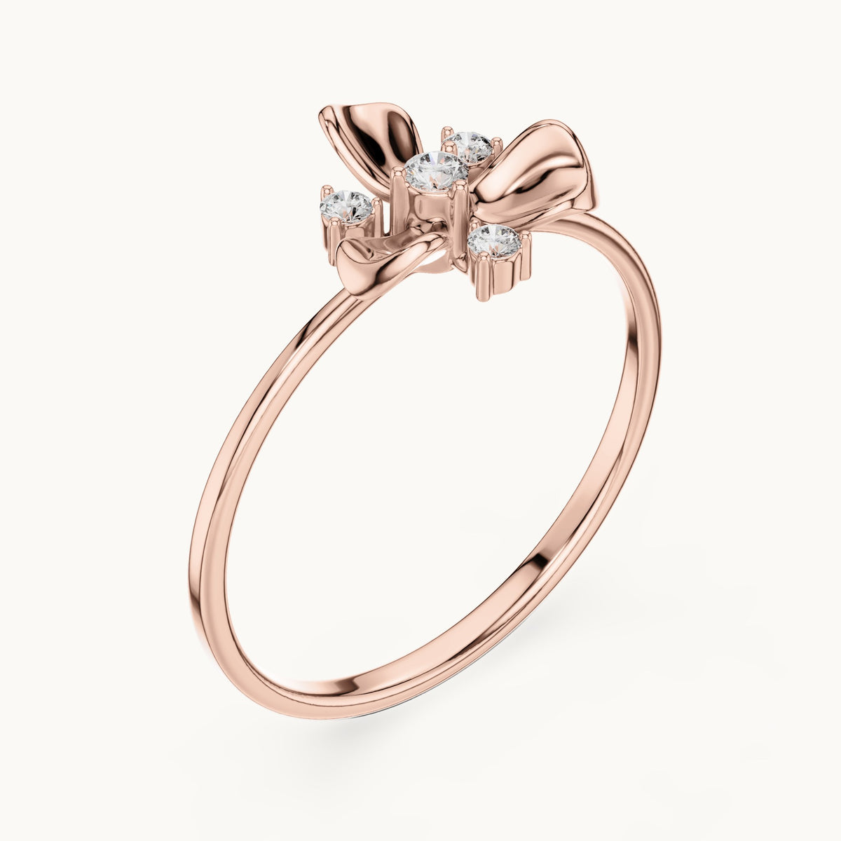 Round lab-grown diamond three-petal flower ring in rose gold, 0.067 CT TW, view 2
