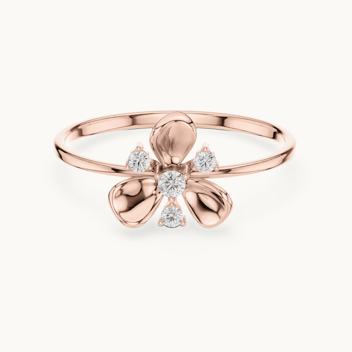 Round lab-grown diamond three-petal flower ring in rose gold, 0.067 CT TW, view 4