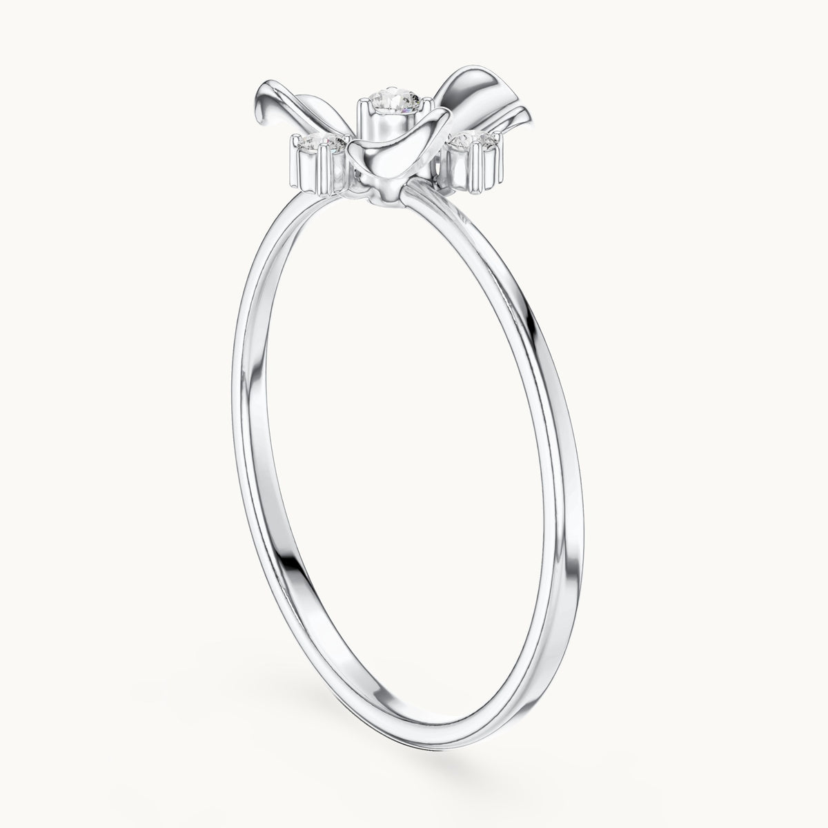 Round lab-grown diamond three-petal flower ring in white gold, 0.067 CT TW, view 1
