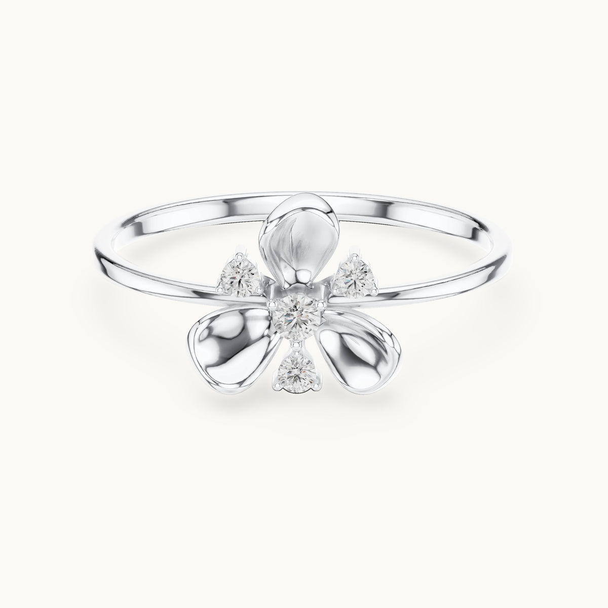 Round lab-grown diamond three-petal flower ring in white gold, 0.067 CT TW, view 4