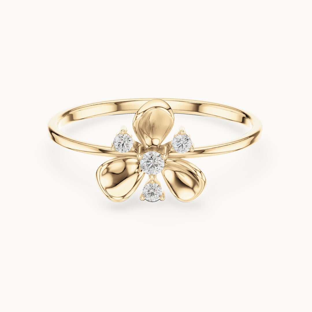 Round lab-grown diamond three-petal flower ring in yellow gold, 0.067 CT TW, view 4