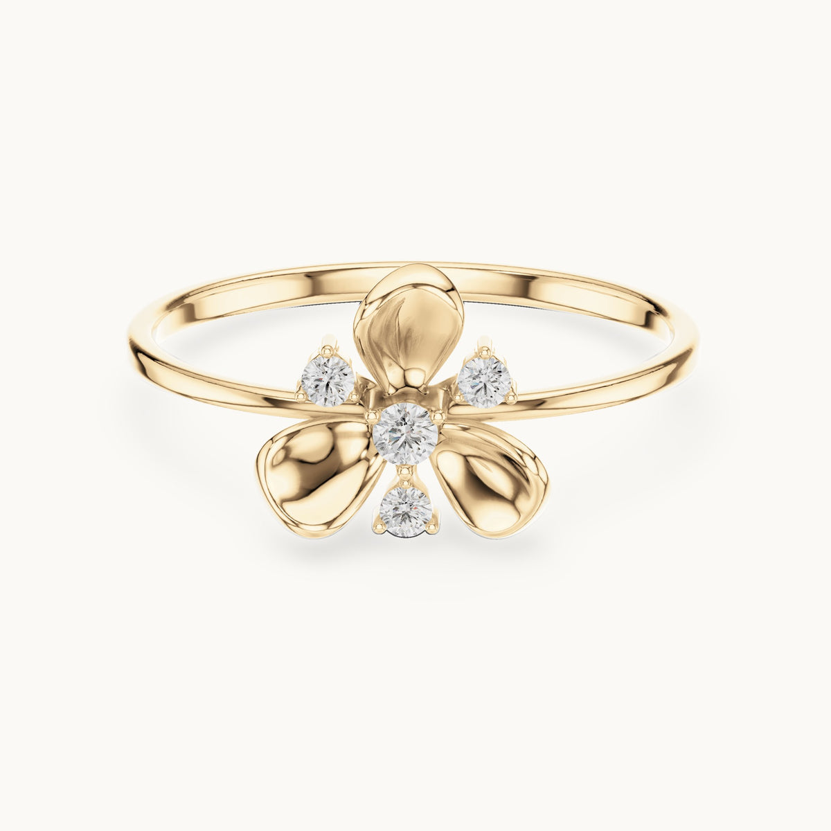 Round lab-grown diamond three-petal flower ring in yellow gold, 0.067 CT TW, view 4