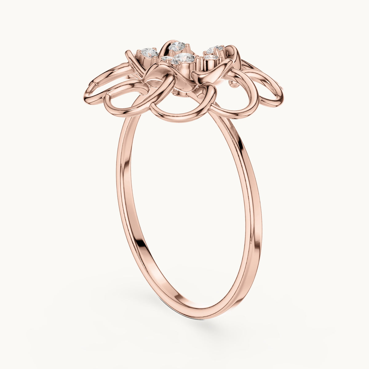 Round lab-grown diamond bezel flower ring in rose gold, 0.075 CT TW, view 1