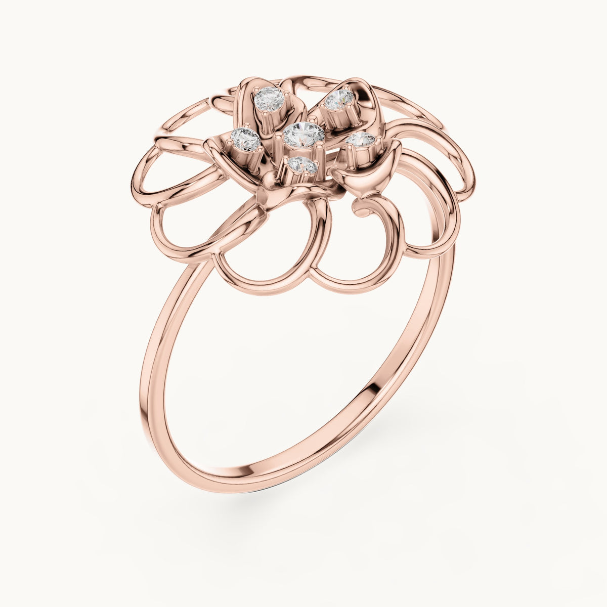 Round lab-grown diamond bezel flower ring in rose gold, 0.075 CT TW, view 2
