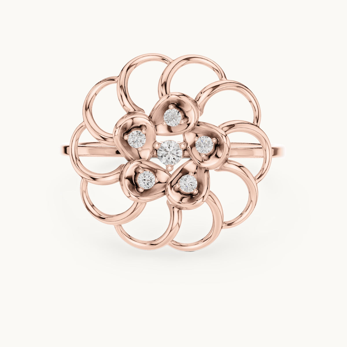 Round lab-grown diamond bezel flower ring in rose gold, 0.075 CT TW, view 4