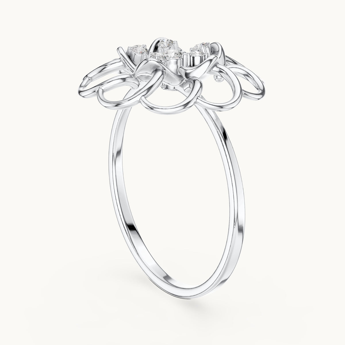 Round lab-grown diamond bezel flower ring in white gold, 0.075 CT TW, view 1
