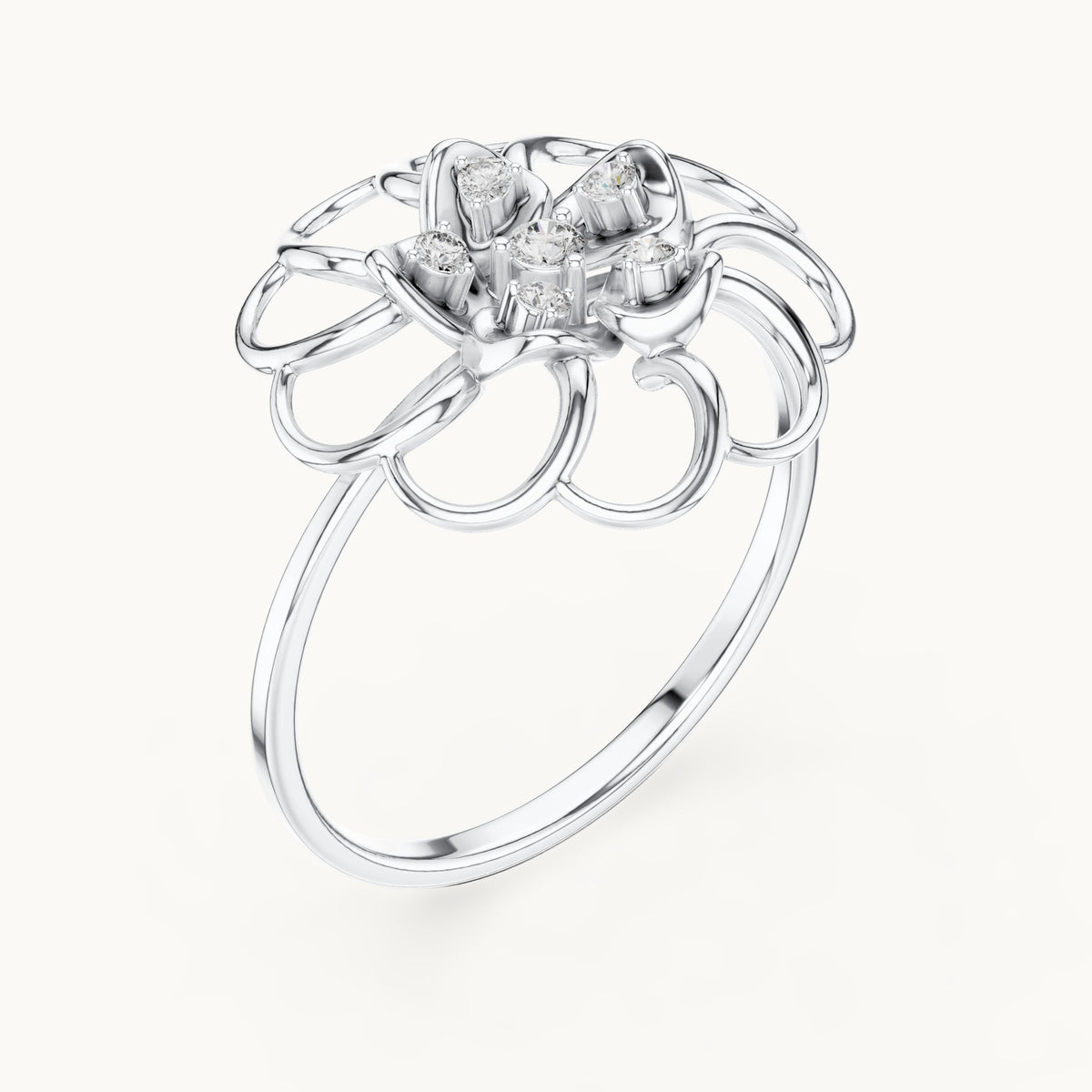 Round lab-grown diamond bezel flower ring in white gold, 0.075 CT TW, view 2