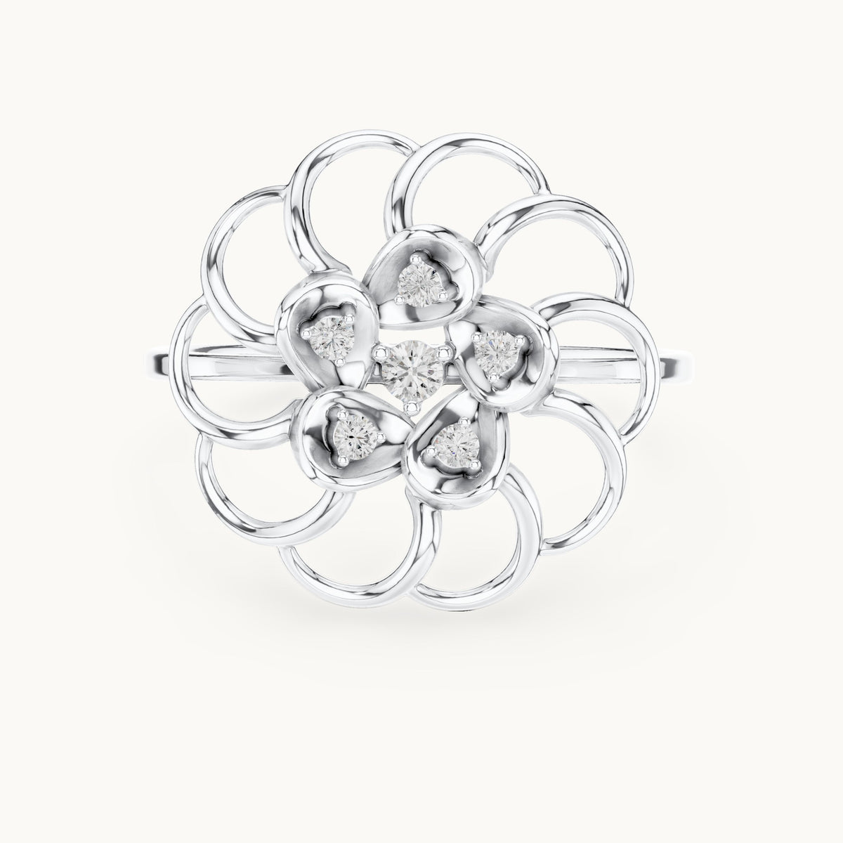 Round lab-grown diamond bezel flower ring in white gold, 0.075 CT TW, view 4