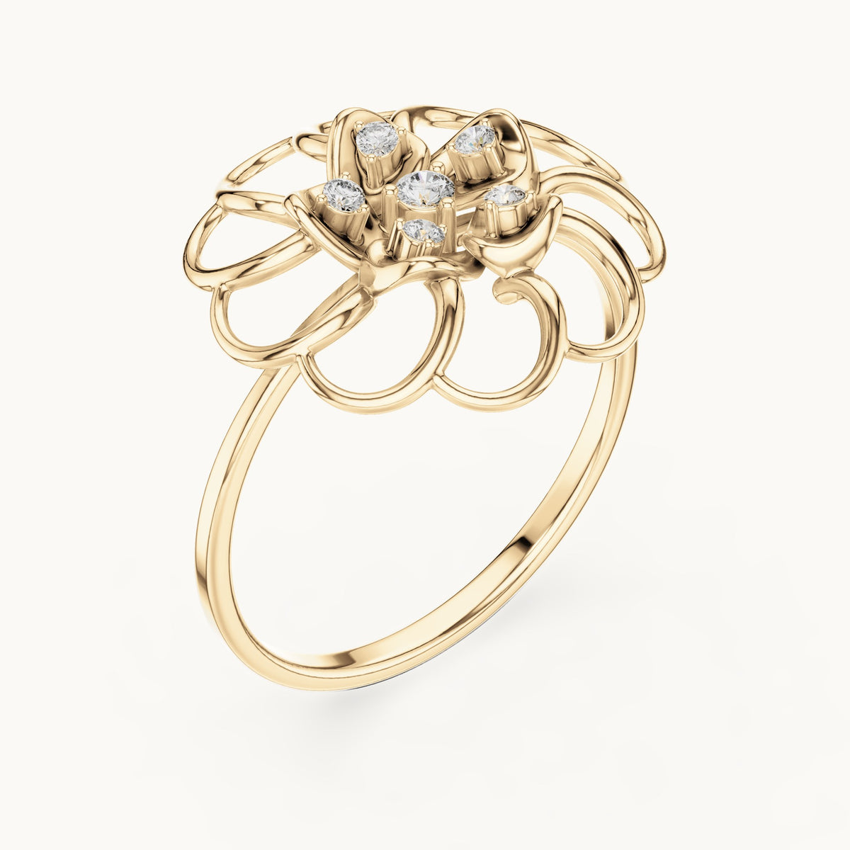 Round lab-grown diamond bezel flower ring in yellow gold, 0.075 CT TW, view 2
