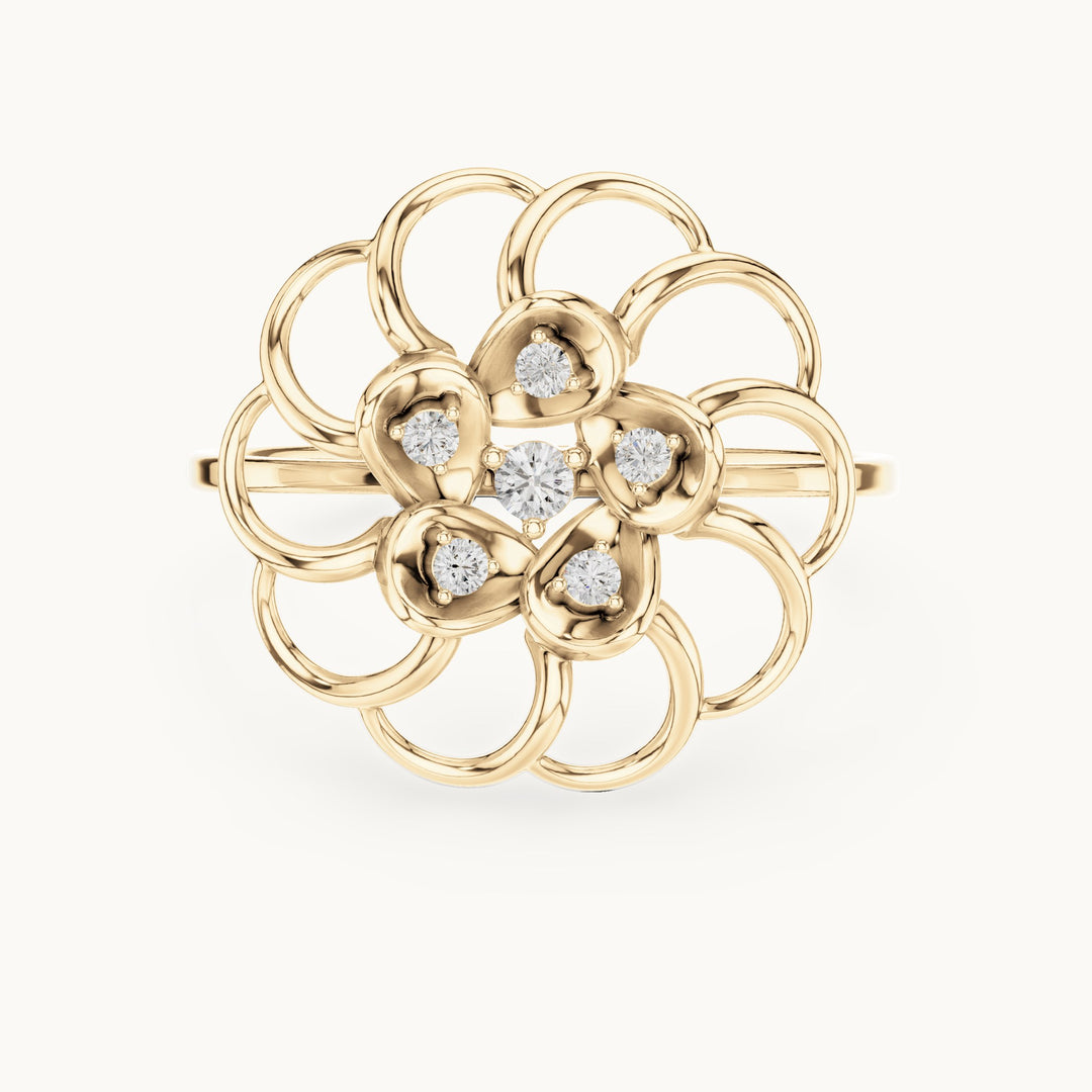 Round lab-grown diamond bezel flower ring in yellow gold, 0.075 CT TW, view 4