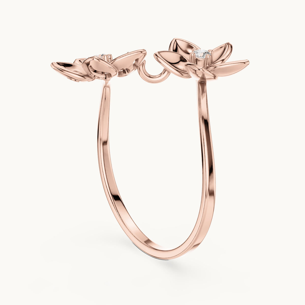 Round lab-grown diamond double flower bypass ring in rose gold, 0.04 CT TW, view 1