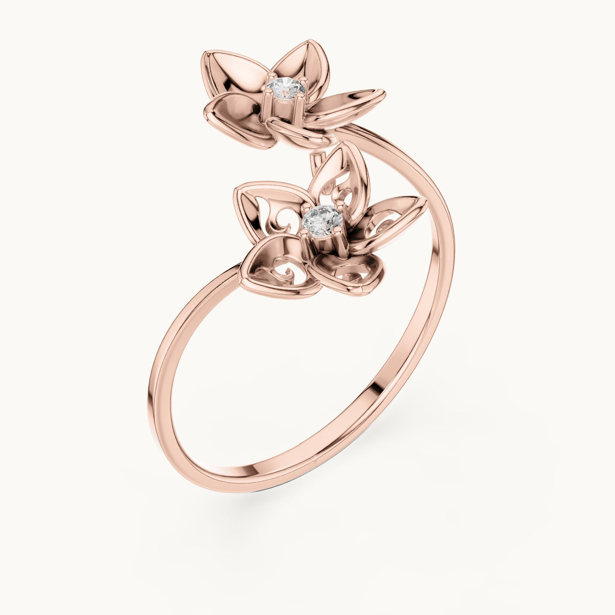 Round lab-grown diamond double flower bypass ring in rose gold, 0.04 CT TW, view 2