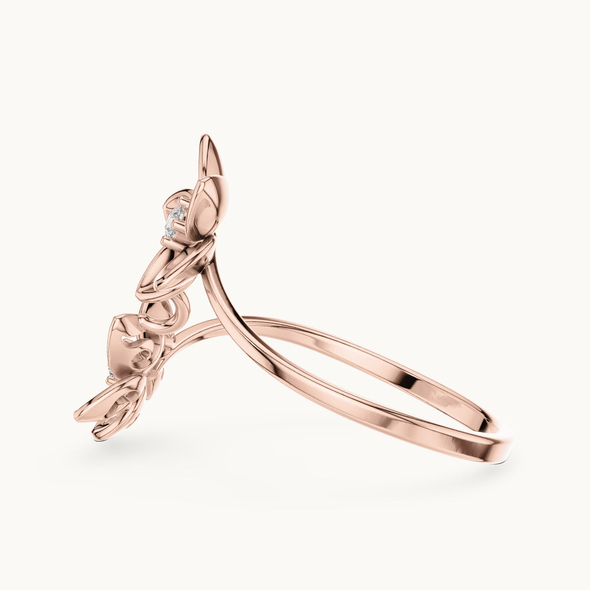 Round lab-grown diamond double flower bypass ring in rose gold, 0.04 CT TW, view 3