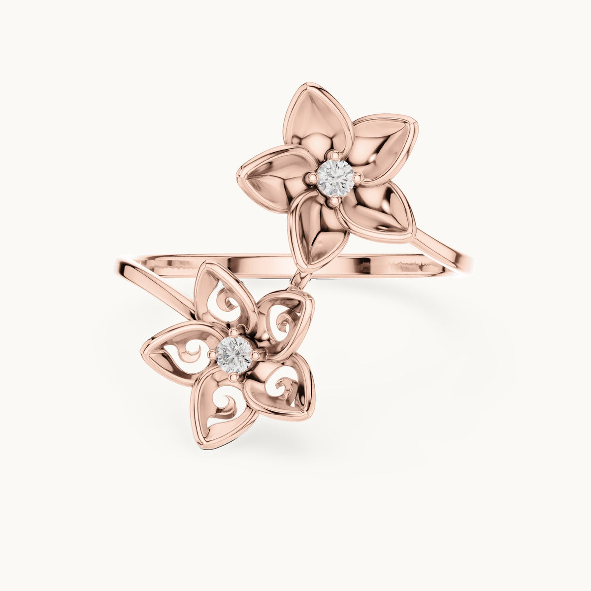 Round lab-grown diamond double flower bypass ring in rose gold, 0.04 CT TW, view 4