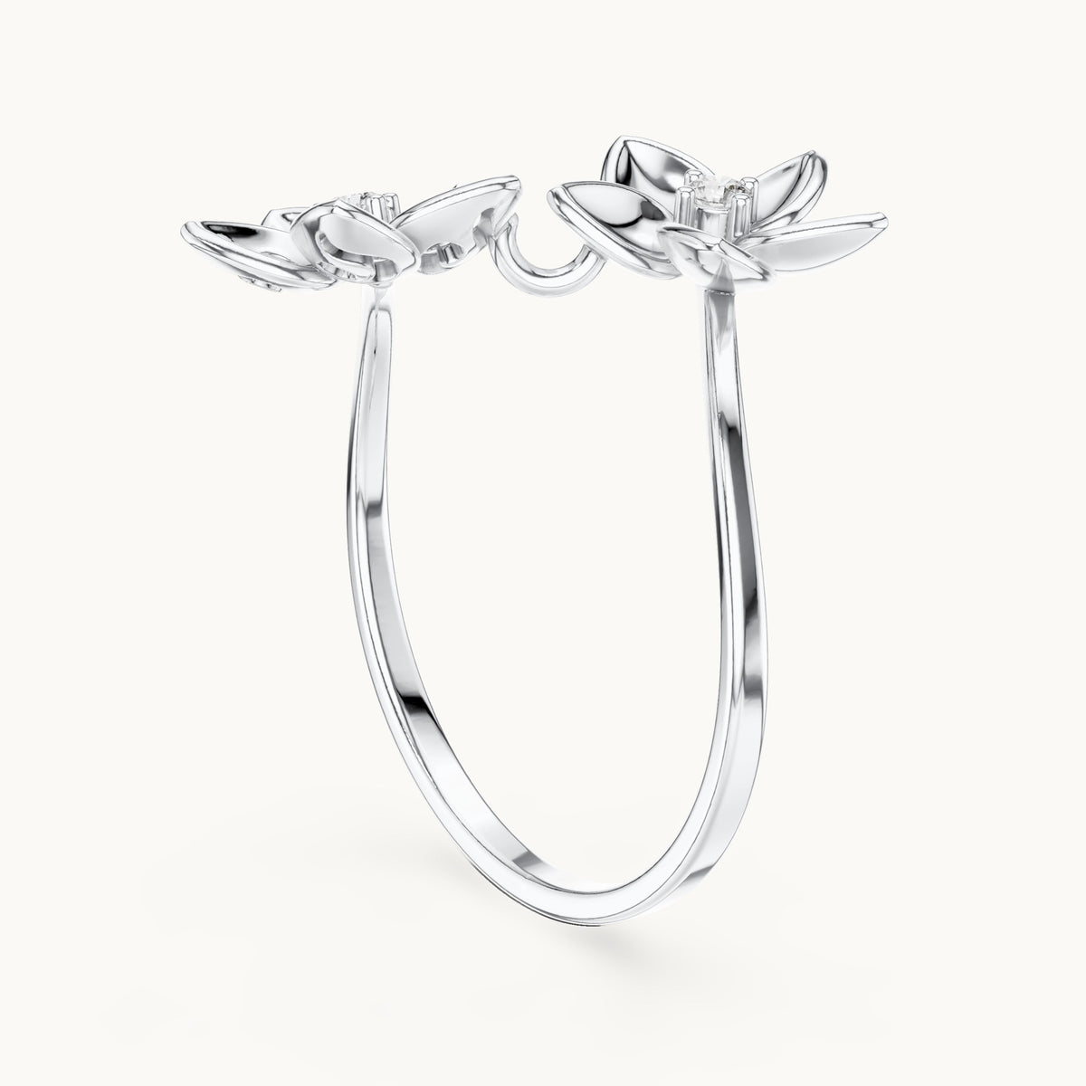 Round lab-grown diamond double flower bypass ring in white gold, 0.04 CT TW, view 1