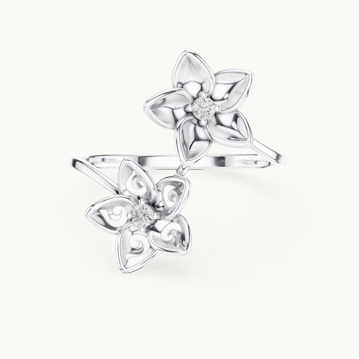 Round lab-grown diamond double flower bypass ring in white gold, 0.04 CT TW, view 4